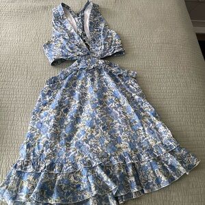 MABLE Blue and White Halter Sundress with Ruffles